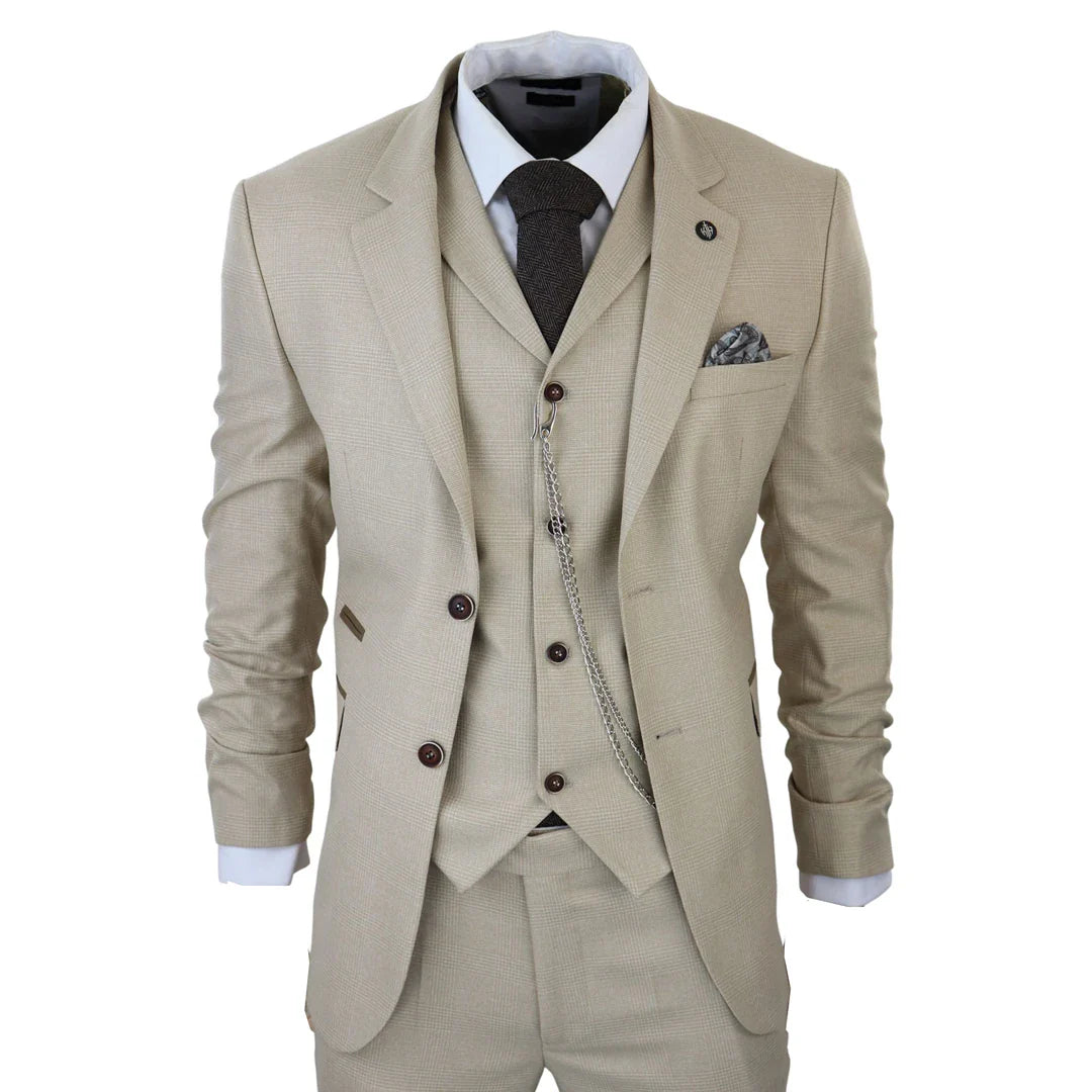 Terno AK-08 masculino de 3 peças em creme com estampa Príncipe de Gales