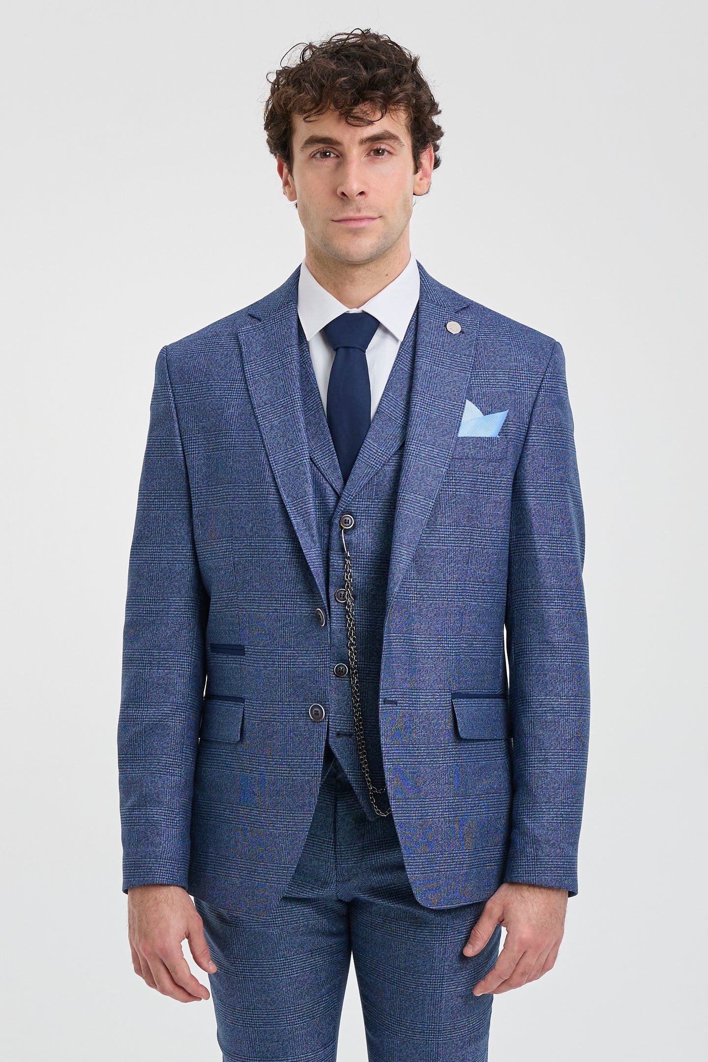 Terno AK-09 masculino de 3 peças, azul, com estampa Príncipe de Gales.