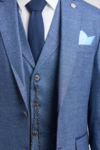 Terno AK-09 masculino de 3 peças, azul, com estampa Príncipe de Gales.