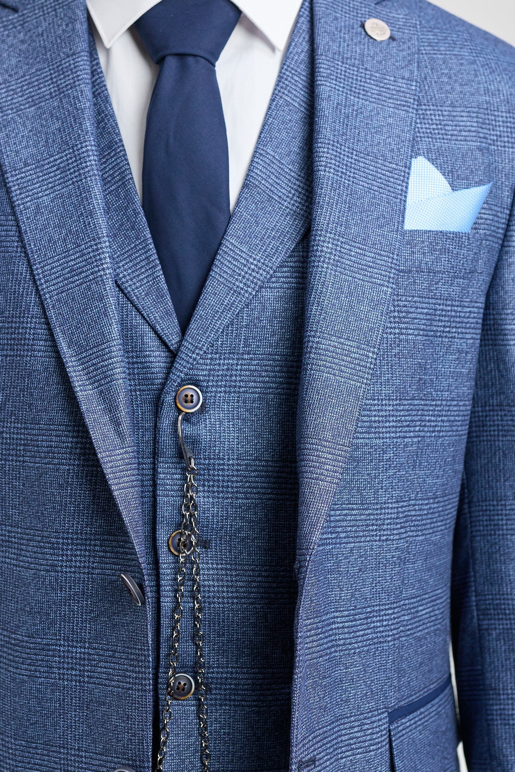 Terno AK-09 masculino de 3 peças, azul, com estampa Príncipe de Gales.