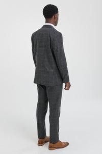 Terno masculino de três peças em xadrez tartan cinza