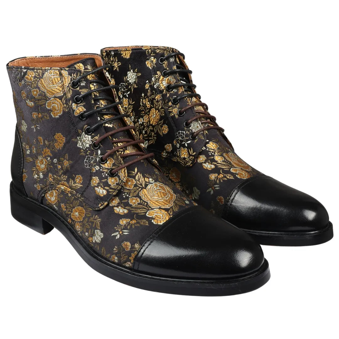 Adam - Botas Oxford de Cano Curto em Couro Preto com Estampa Floral Masculina