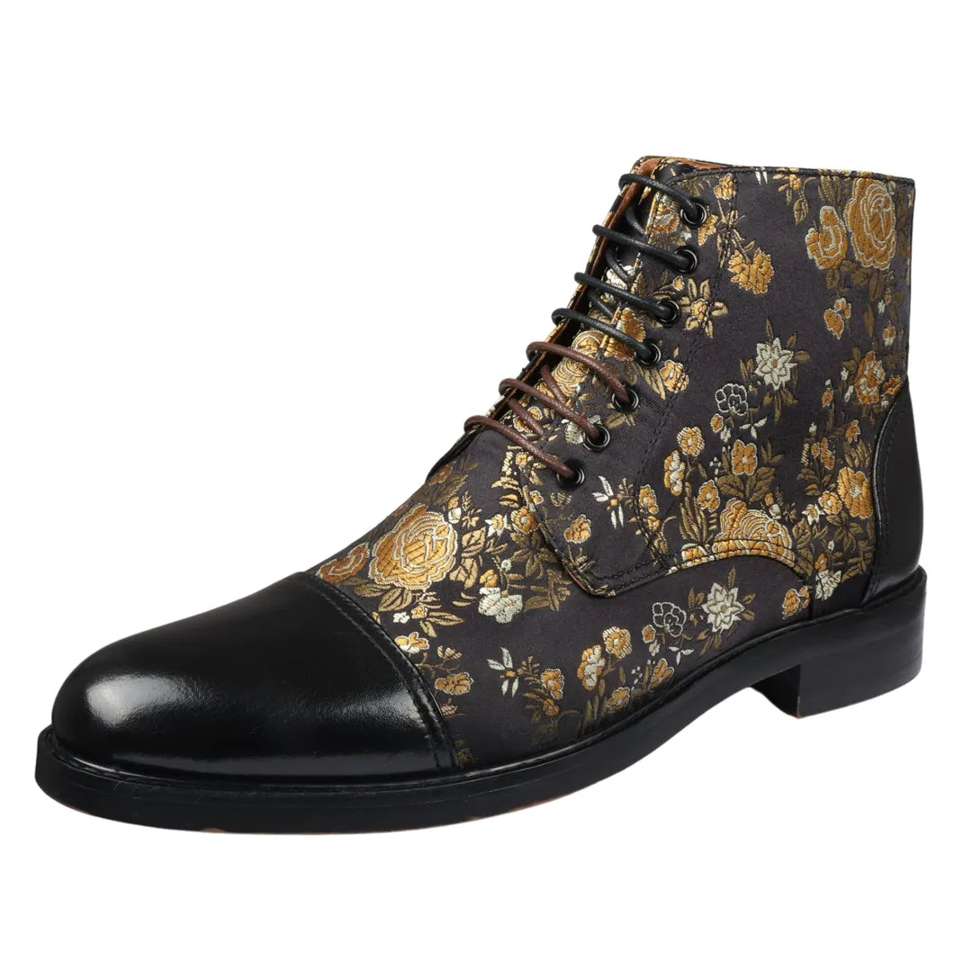 Adam - Botas Oxford de Cano Curto em Couro Preto com Estampa Floral Masculina