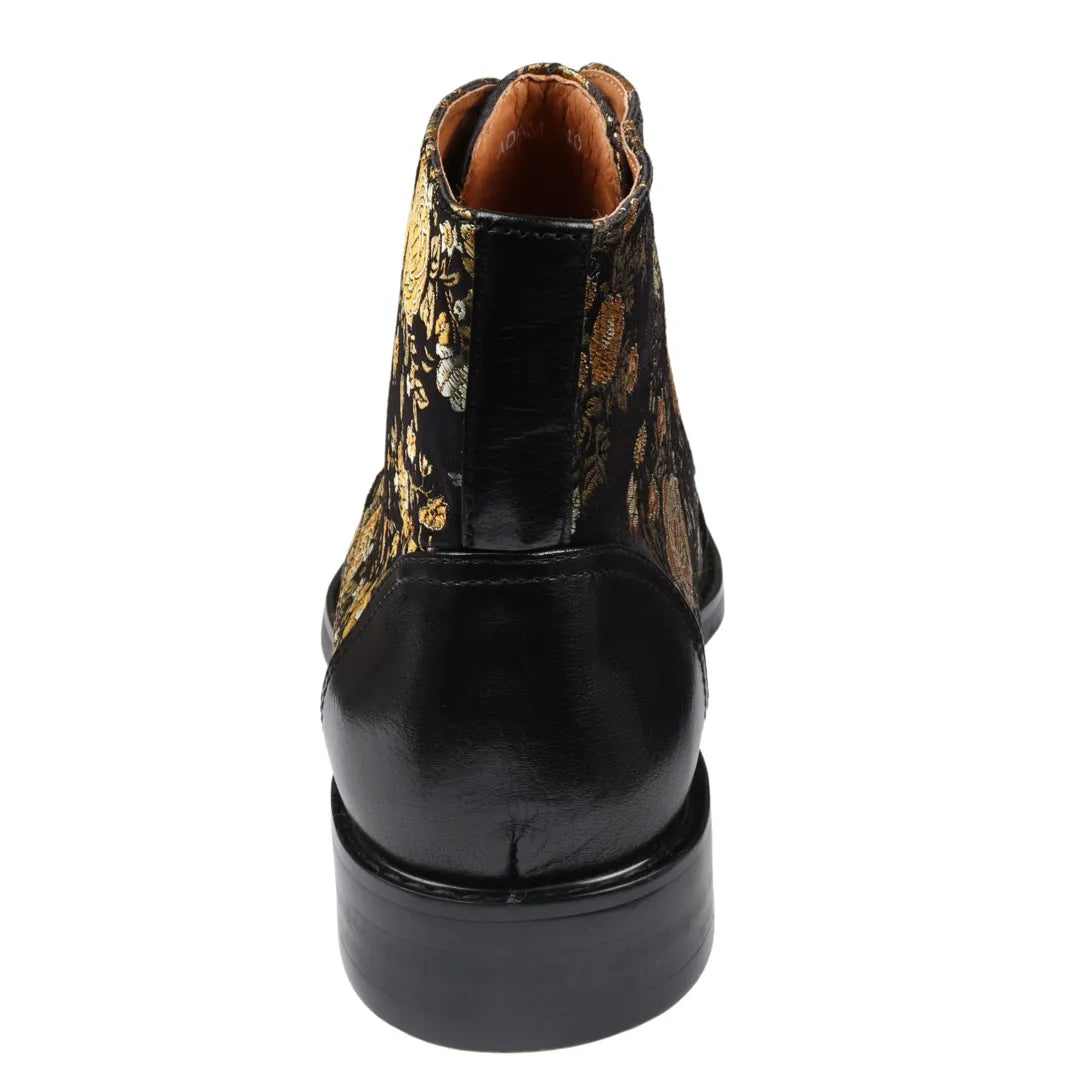 Adam - Botas Oxford de Cano Curto em Couro Preto com Estampa Floral Masculina