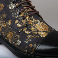 Adam - Botas Oxford de Cano Curto em Couro Preto com Estampa Floral Masculina