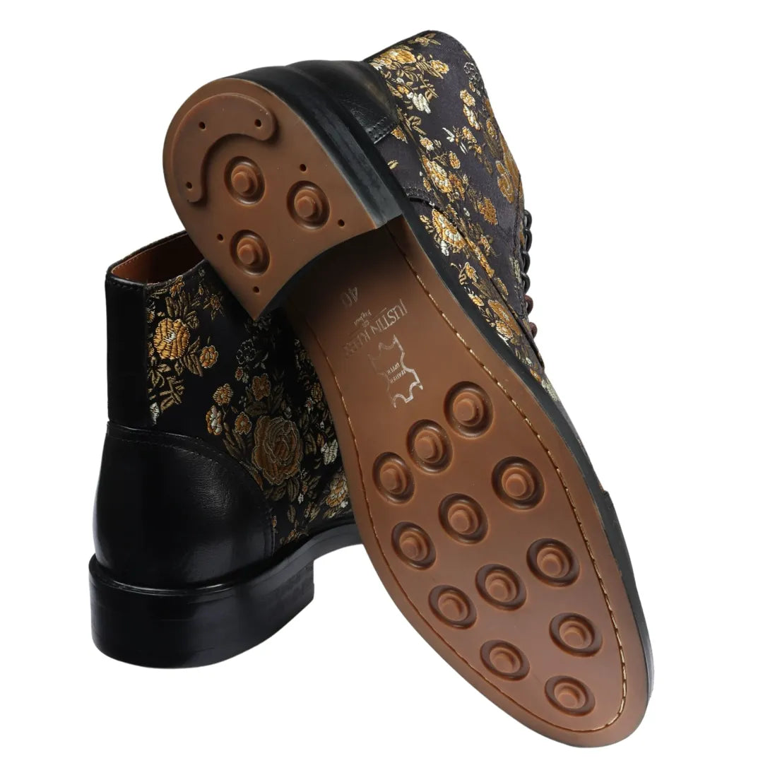 Adam - Botas Oxford de Cano Curto em Couro Preto com Estampa Floral Masculina
