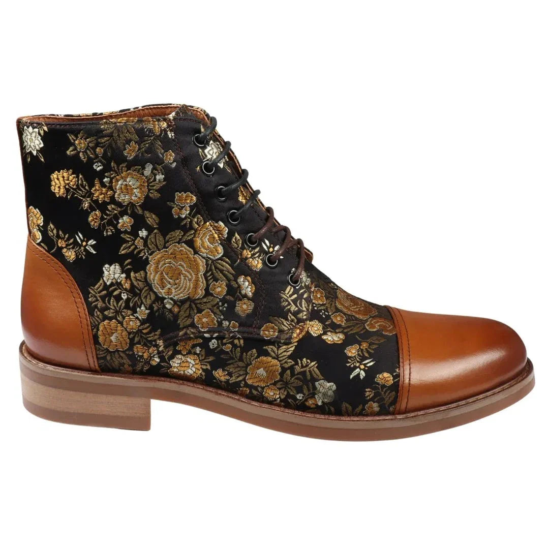 Adan - Botas Oxford de Cano Curto em Couro Marrom com Estampa Floral Masculina