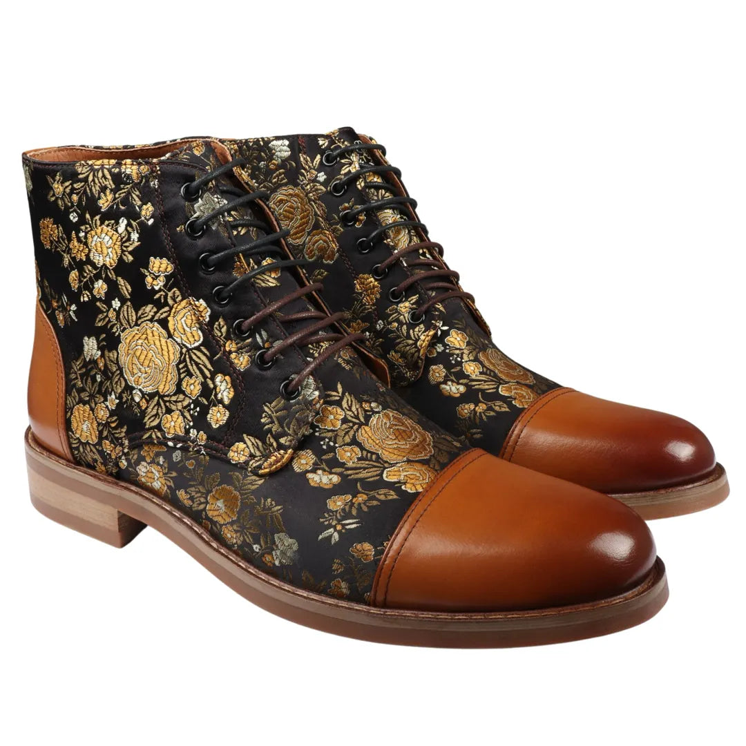 Adan - Botas Oxford de Cano Curto em Couro Marrom com Estampa Floral Masculina