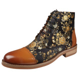 Adan - Botas Oxford de Cano Curto em Couro Marrom com Estampa Floral Masculina