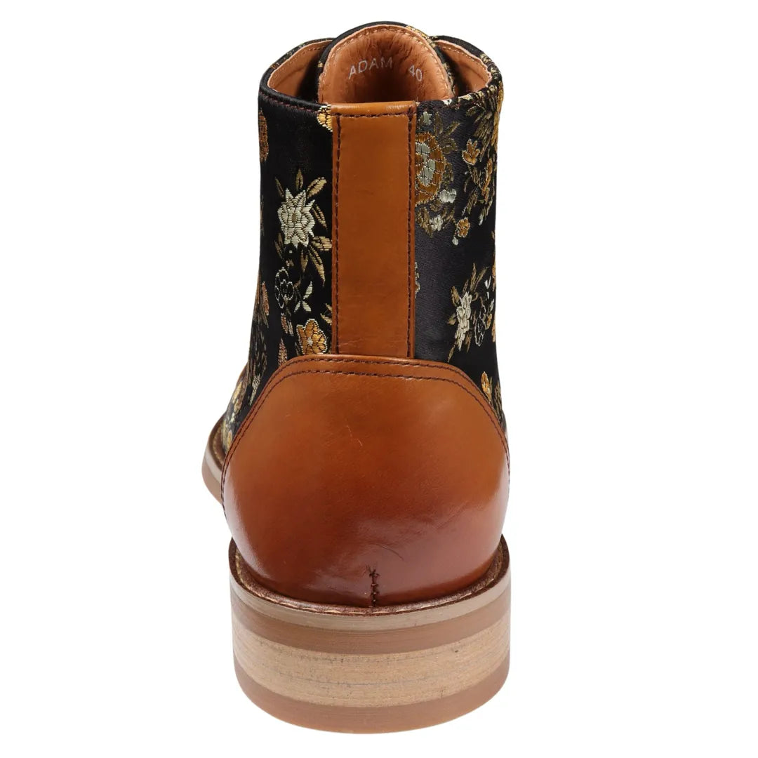 Adan - Botas Oxford de Cano Curto em Couro Marrom com Estampa Floral Masculina