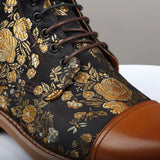 Adan - Botas Oxford de Cano Curto em Couro Marrom com Estampa Floral Masculina