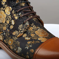 Adan - Botas Oxford de Cano Curto em Couro Marrom com Estampa Floral Masculina