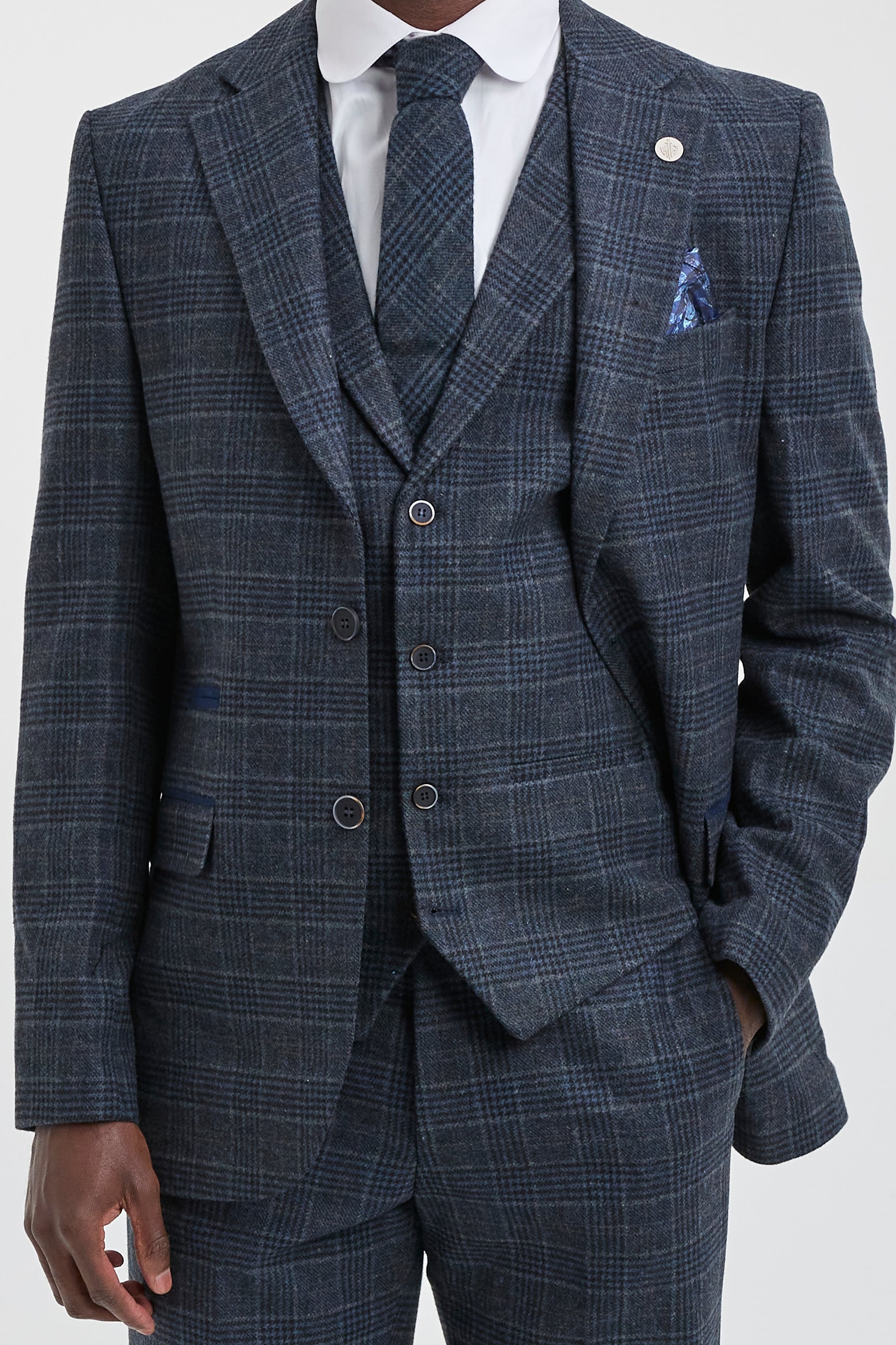 Terno masculino azul xadrez tartan de 3 peças