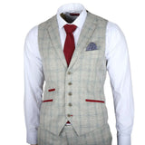 Terno Andrew masculino de 3 peças, cinza xadrez, corte slim, com detalhes em vermelho.