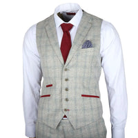 Terno Andrew masculino de 3 peças, cinza xadrez, corte slim, com detalhes em vermelho.