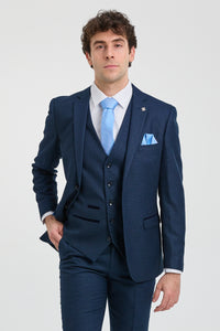 Terno masculino azul marinho de 3 peças com estampa olho de perdiz, ideal para casamento, formatura, ocasiões formais e elegantes.