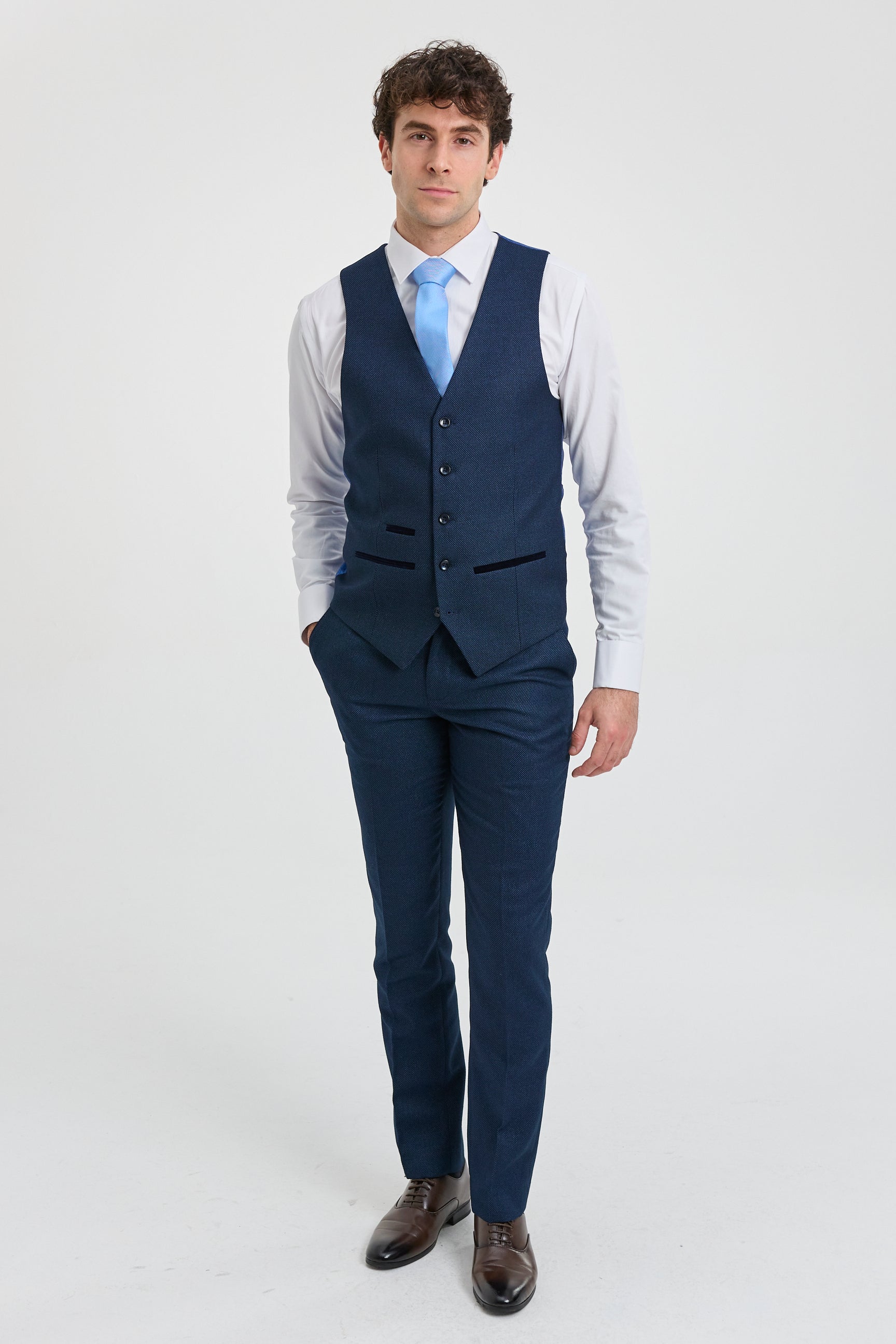 Terno masculino azul marinho de 3 peças com estampa olho de perdiz, ideal para casamento, formatura, ocasiões formais e elegantes.