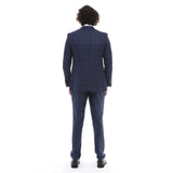 Terno masculino de 3 peças, azul-marinho xadrez, colete contrastante e calça de corte sob medida para casamento.