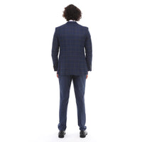 Terno masculino de 3 peças, azul-marinho xadrez, colete contrastante e calça de corte sob medida para casamento.