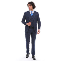 Terno masculino de 3 peças, azul-marinho xadrez, colete contrastante e calça de corte sob medida para casamento.