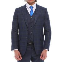 Terno masculino de 3 peças, azul-marinho xadrez, colete contrastante e calça de corte sob medida para casamento.