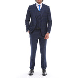 Terno masculino de 3 peças, azul-marinho xadrez, colete contrastante e calça de corte sob medida para casamento.