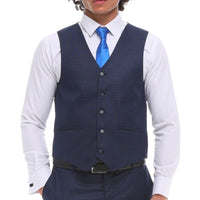 Terno masculino de 3 peças, azul-marinho xadrez, colete contrastante e calça de corte sob medida para casamento.