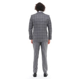 Terno masculino de 3 peças, cinza e azul xadrez, colete e calça contrastantes, ideal para casamento e formatura.