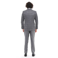 Terno masculino de 3 peças, cinza e azul xadrez, colete e calça contrastantes, ideal para casamento e formatura.