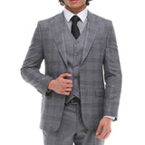 Terno masculino de 3 peças, cinza e azul xadrez, colete e calça contrastantes, ideal para casamento e formatura.