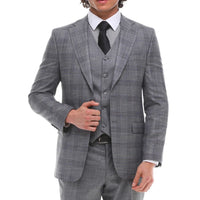 Terno masculino de 3 peças, cinza e azul xadrez, colete e calça contrastantes, ideal para casamento e formatura.