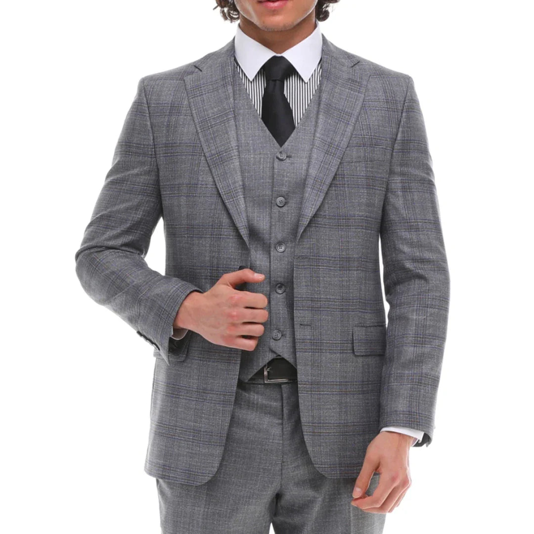 Terno masculino de 3 peças, cinza e azul xadrez, colete e calça contrastantes, ideal para casamento e formatura.