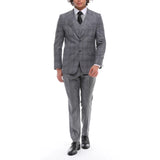 Terno masculino de 3 peças, cinza e azul xadrez, colete e calça contrastantes, ideal para casamento e formatura.