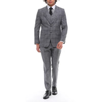 Terno masculino de 3 peças, cinza e azul xadrez, colete e calça contrastantes, ideal para casamento e formatura.