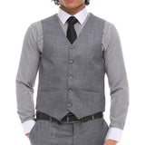 Terno masculino de 3 peças, cinza e azul xadrez, colete e calça contrastantes, ideal para casamento e formatura.