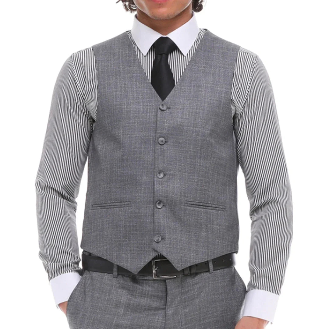 Terno masculino de 3 peças, cinza e azul xadrez, colete e calça contrastantes, ideal para casamento e formatura.