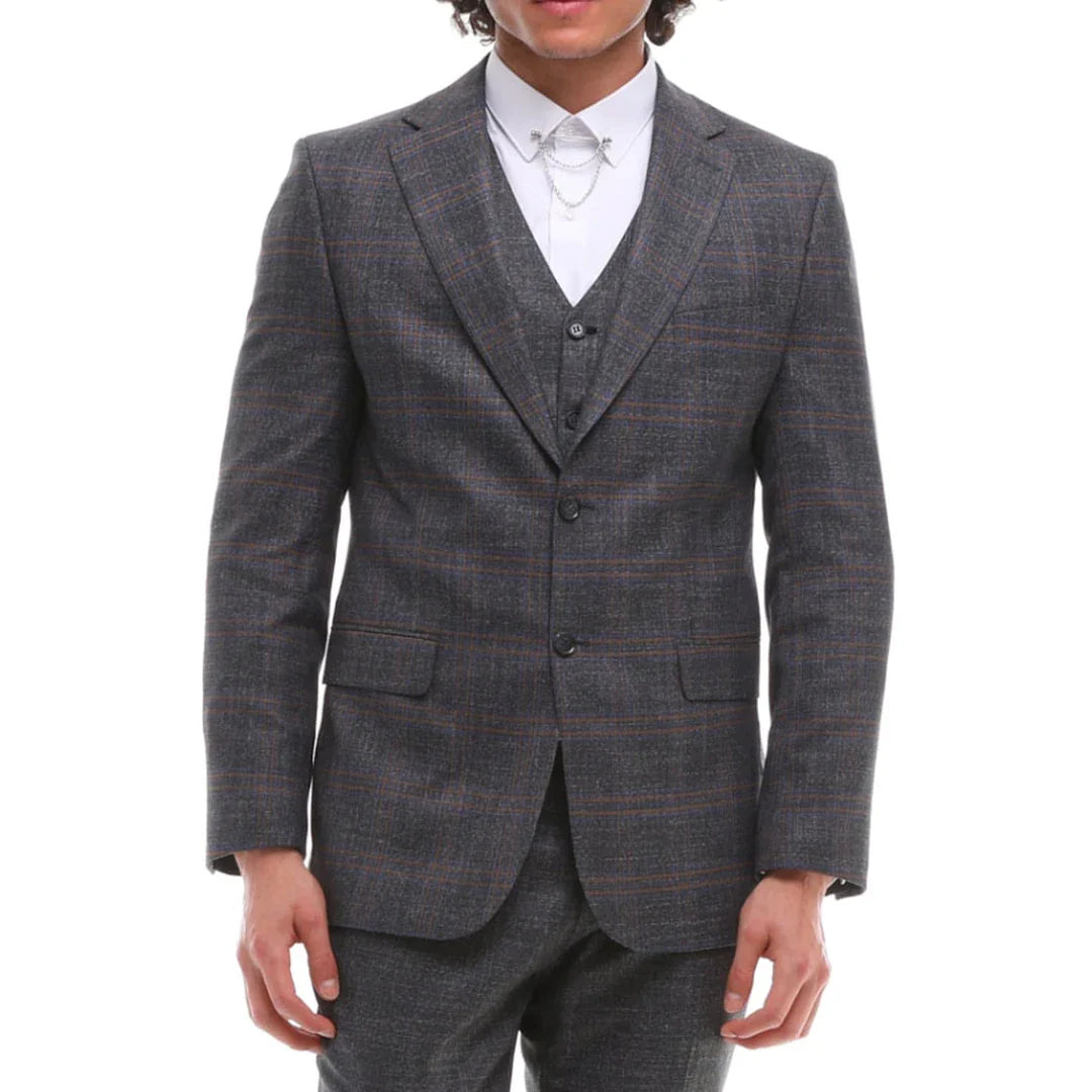 Terno masculino de 3 peças, xadrez cinza e marrom, corte sob medida, para casamento, formatura e corridas.