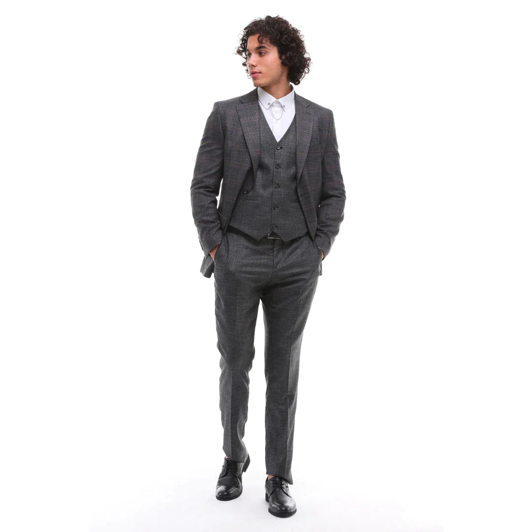 Terno masculino de 3 peças, xadrez cinza e marrom, corte sob medida, para casamento, formatura e corridas.