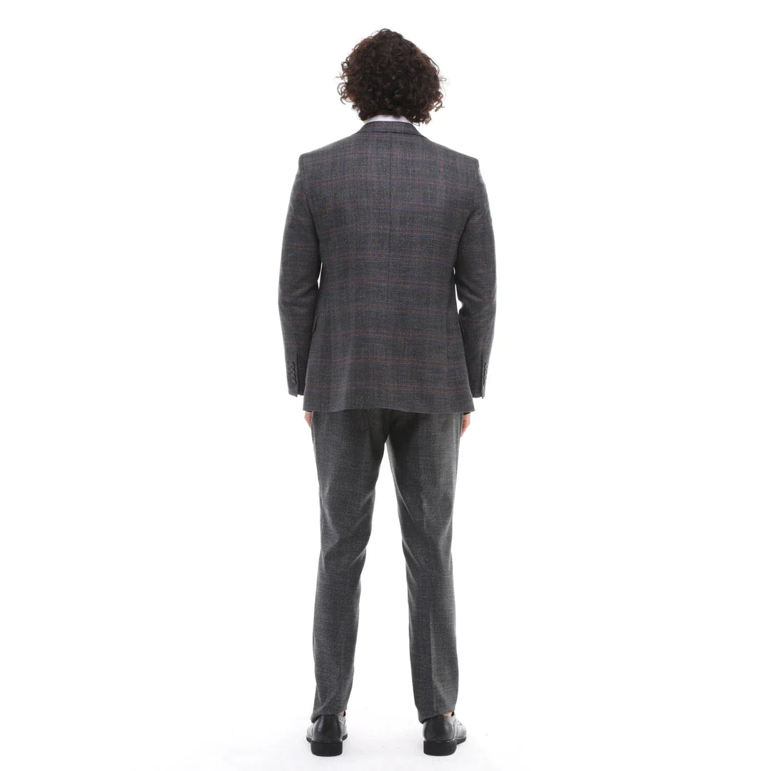 Terno masculino de 3 peças, xadrez cinza e marrom, corte sob medida, para casamento, formatura e corridas.