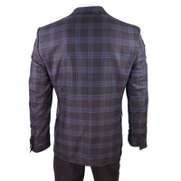 Terno masculino de 3 peças em xadrez roxo e azul com colete e calça contrastantes para casamento.
