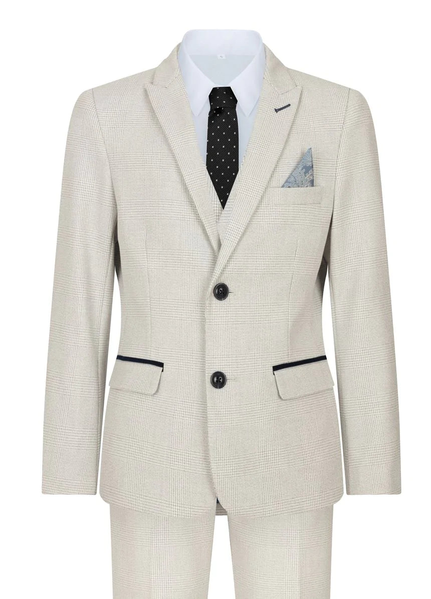 Terno infantil masculino de 3 peças em tweed creme com estampa xadrez, corte sob medida, elegante e formal. Ideal para casamentos e festas.