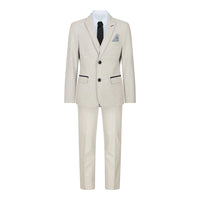 Terno infantil masculino de 3 peças em tweed creme com estampa xadrez, corte sob medida, elegante e formal. Ideal para casamentos e festas.