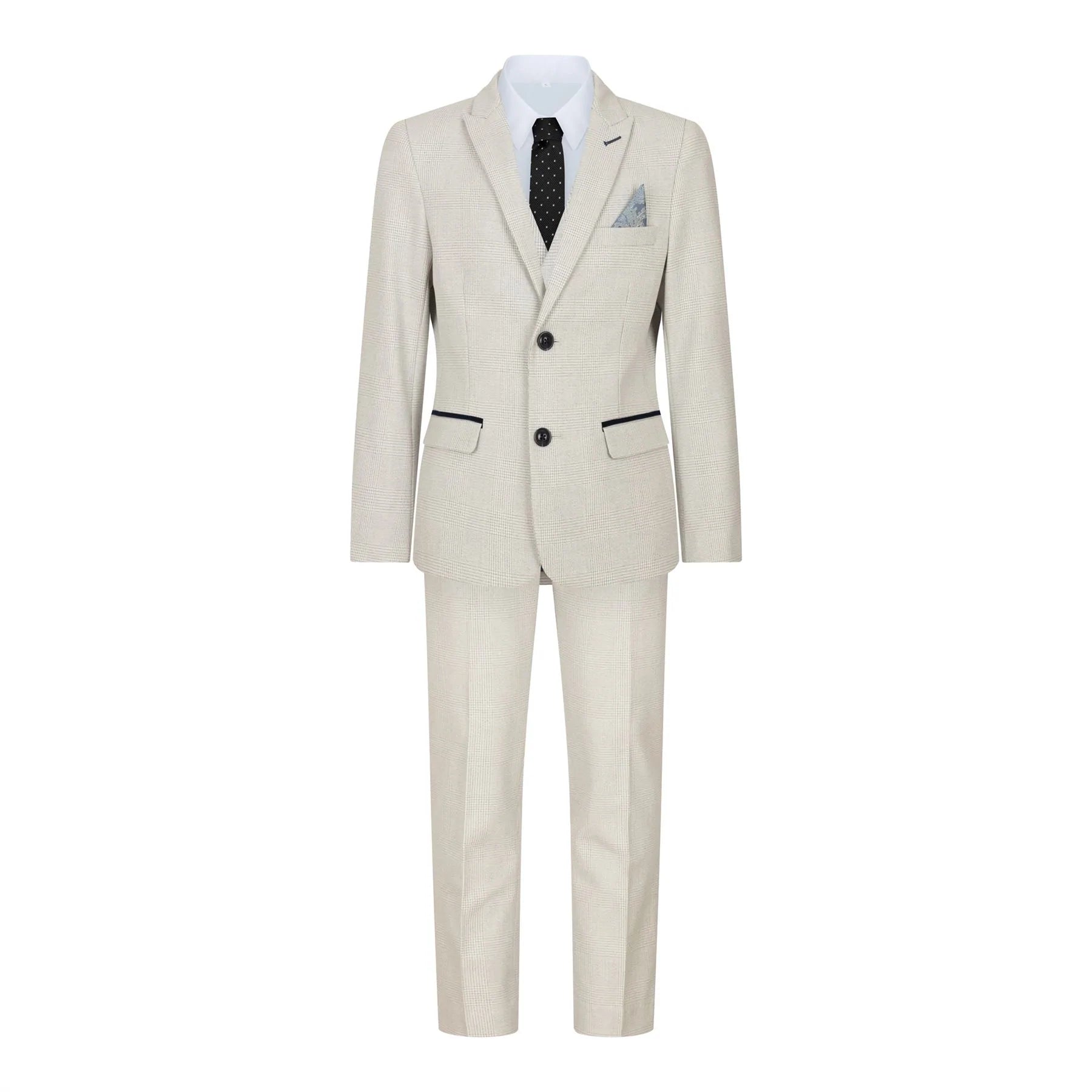 Terno infantil masculino de 3 peças em tweed creme com estampa xadrez, corte sob medida, elegante e formal. Ideal para casamentos e festas.
