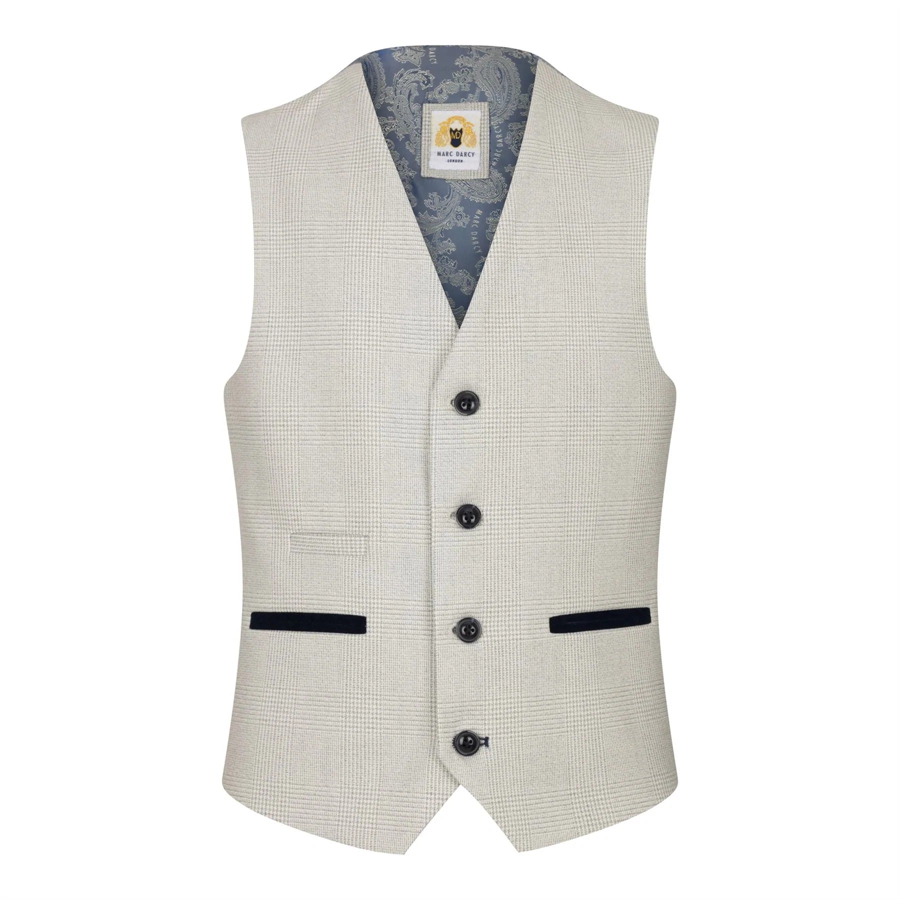 Terno infantil masculino de 3 peças em tweed creme com estampa xadrez, corte sob medida, elegante e formal. Ideal para casamentos e festas.