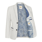 Terno infantil masculino de 3 peças em tweed creme com estampa xadrez, corte sob medida, elegante e formal. Ideal para casamentos e festas.