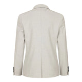 Terno infantil masculino de 3 peças em tweed creme com estampa xadrez, corte sob medida, elegante e formal. Ideal para casamentos e festas.