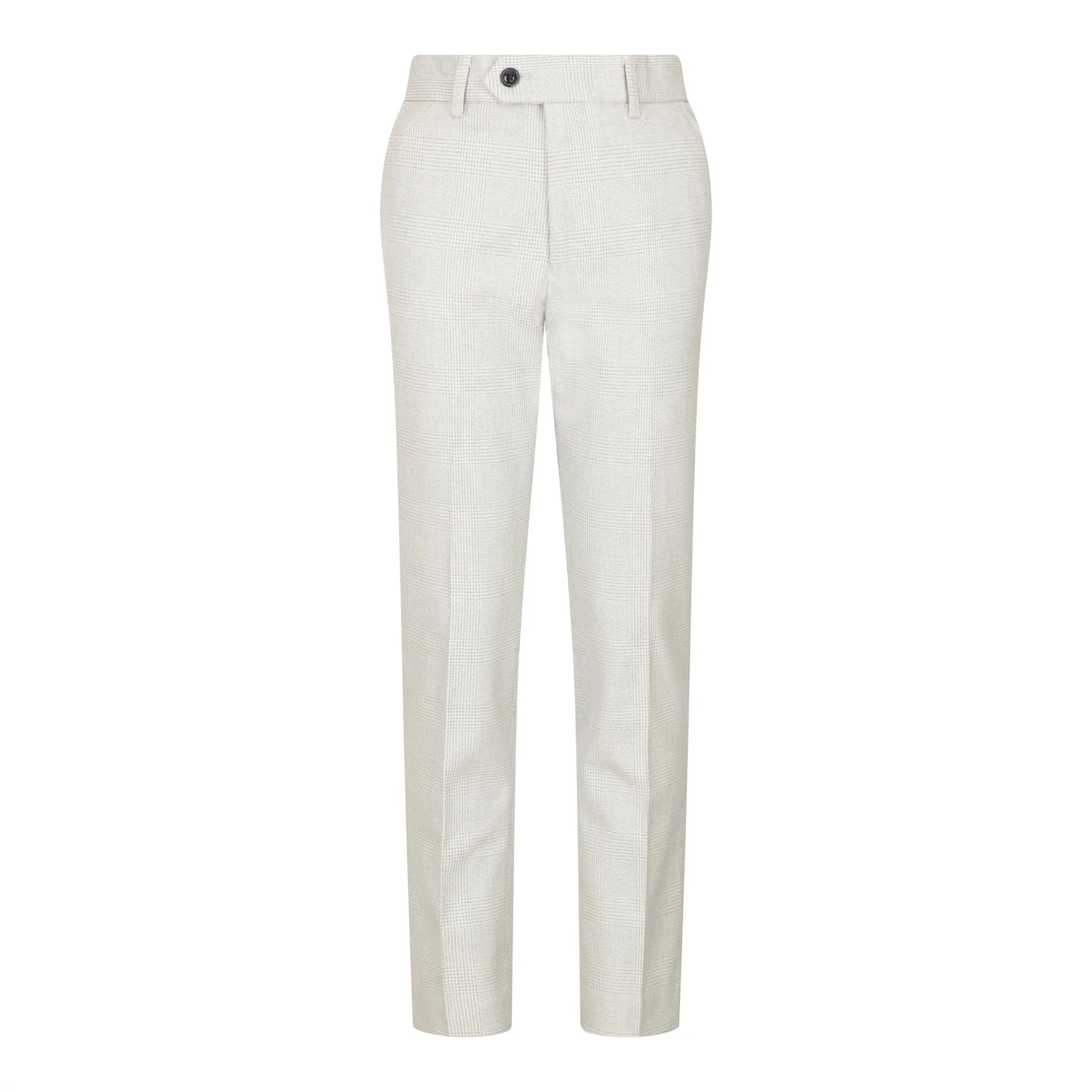 Terno infantil masculino de 3 peças em tweed creme com estampa xadrez, corte sob medida, elegante e formal. Ideal para casamentos e festas.