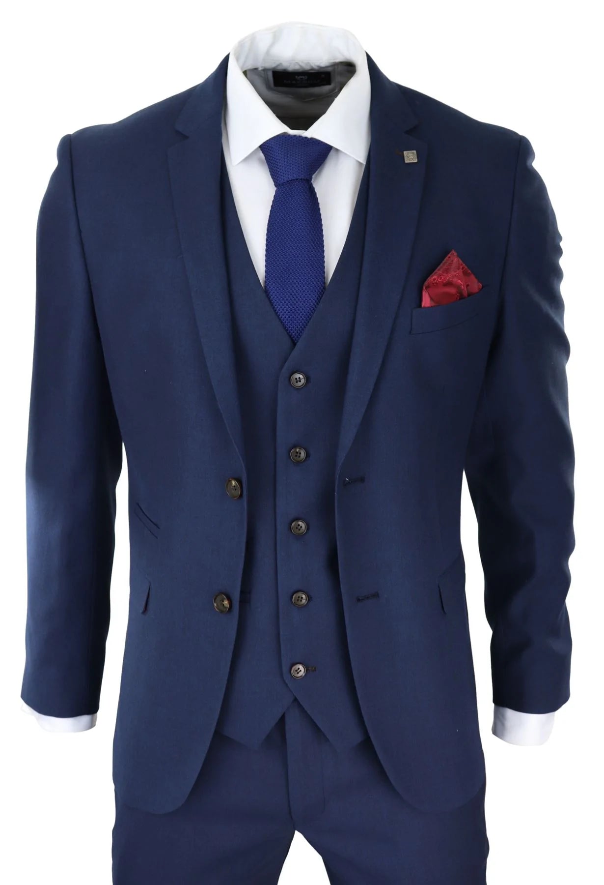 Terno masculino azul-marinho de 3 peças, corte sob medida, elegante, formal, clássico, para casamento, estilo retrô/vintage.
