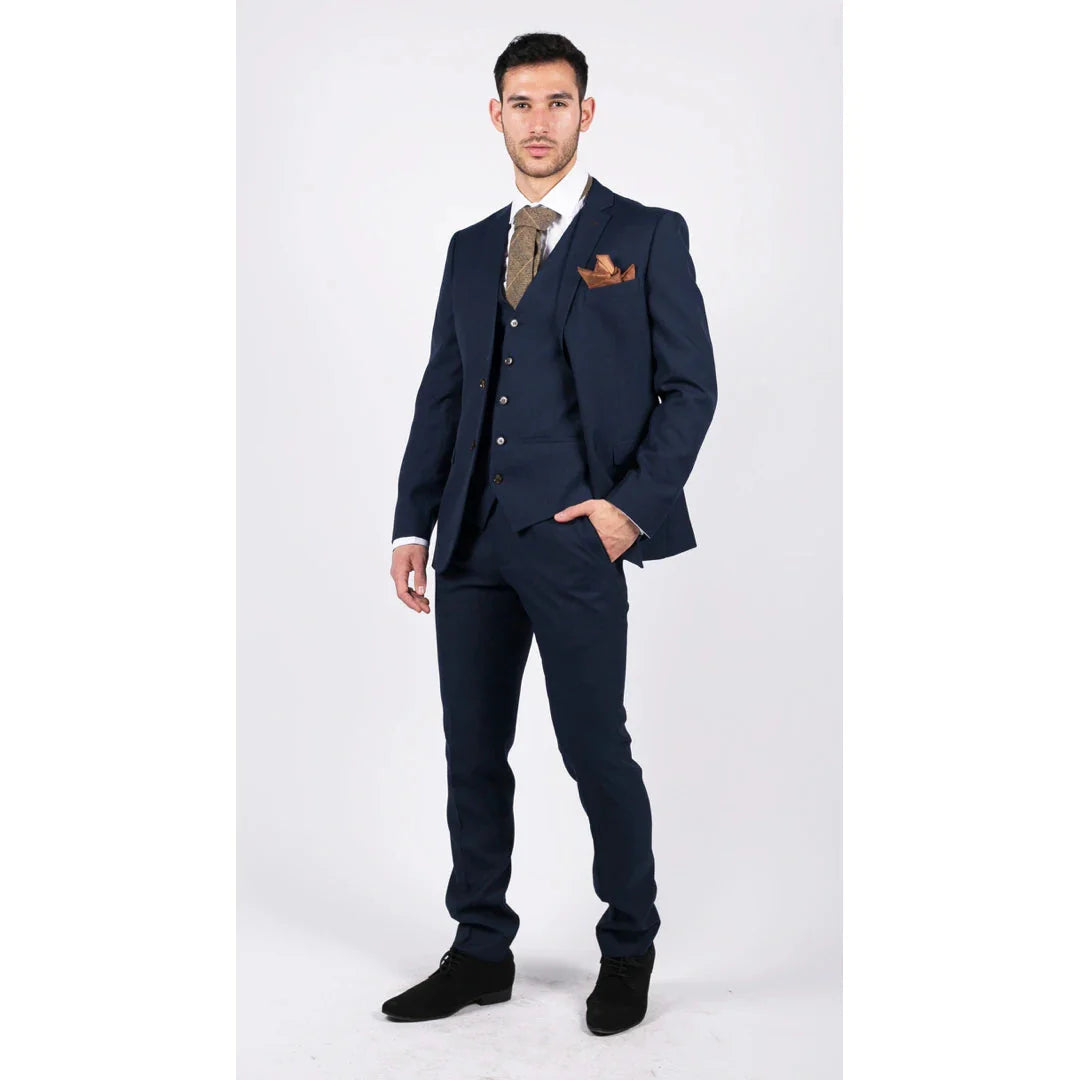 Terno masculino azul-marinho de 3 peças, corte sob medida, elegante, formal, clássico, para casamento, estilo retrô/vintage.