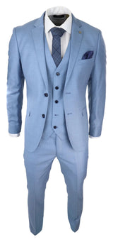 Terno masculino azul claro de 3 peças com costura clássica para casamento, verão e formatura.
